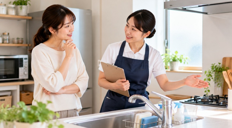 明るいキッチンで家事代行スタッフと作業内容について相談する女性