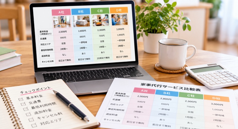 家事代行サービスの基本料金や交通費、最低利用時間などを比較するパソコン画面と資料