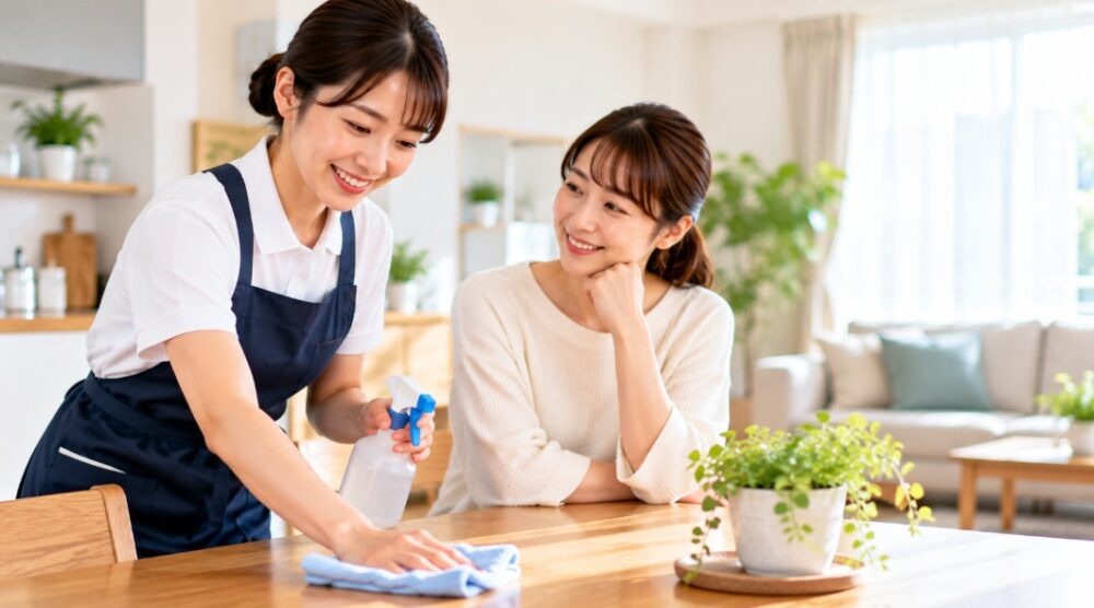 家事代行スタッフが室内を掃除し、利用者が笑顔で見守る様子