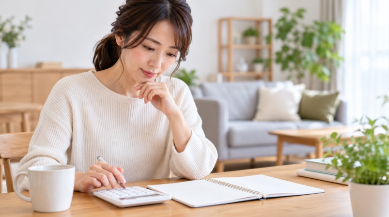 家事代行の月額料金を電卓とノートで計算している女性のイメージ