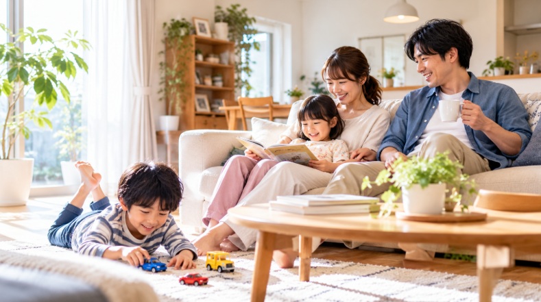 明るいリビングで読書や遊びを楽しみながら、家族でくつろいでいる様子