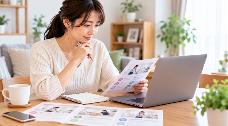 パソコンと資料を使って家事代行サービスを比較検討している女性のイメージ