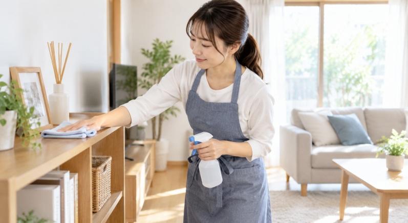 家事代行スタッフがリビングの棚を拭き掃除している様子