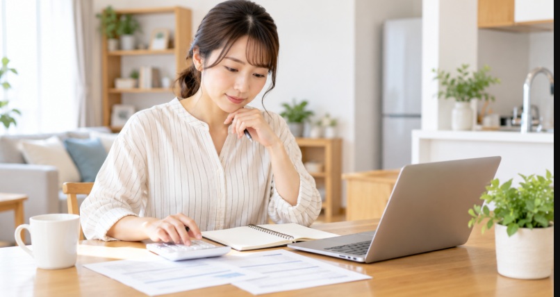 家事代行の定期利用にかかる月額費用をパソコンと電卓で確認する女性