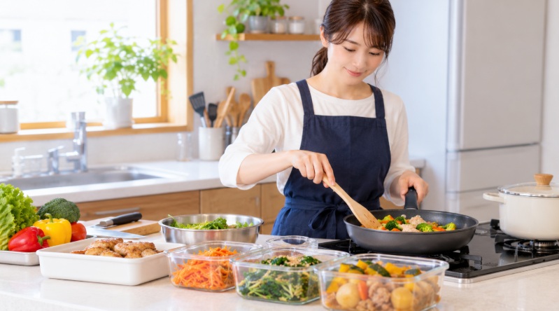 家庭のキッチンで料理と作り置きを準備する家事代行スタッフのイメージ