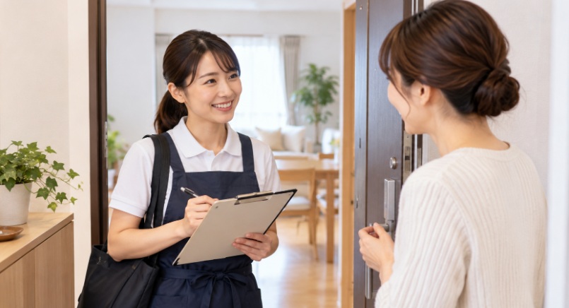 家事代行の初回訪問時に玄関先で利用者と挨拶し、作業内容を確認するスタッフ