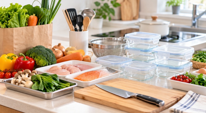 料理代行の利用前に準備した食材・調理器具・保存容器のイメージ