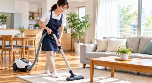 明るいリビングで家事代行スタッフが掃除機をかけている様子