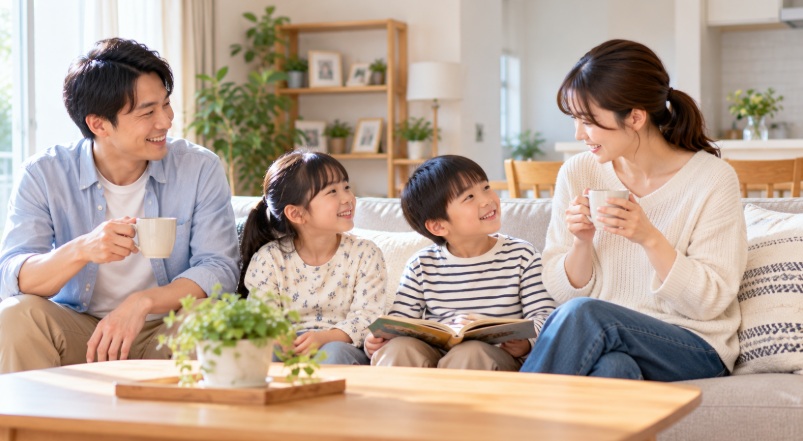 明るいリビングで家族4人がくつろぎながら過ごす様子