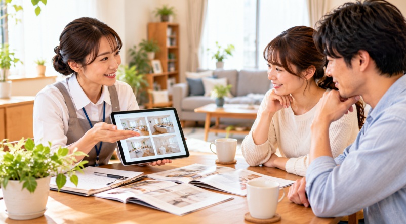 家事代行スタッフが利用希望者にタブレットを使ってサービス内容を説明している様子