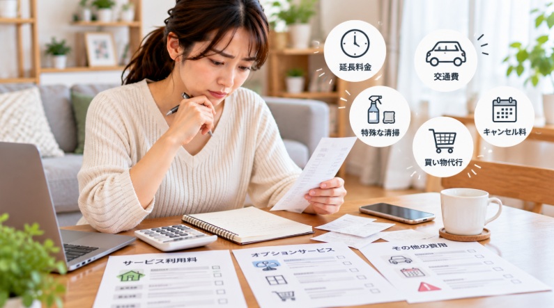 家事代行の交通費やオプション料金などの追加費用を確認する女性のイメージ