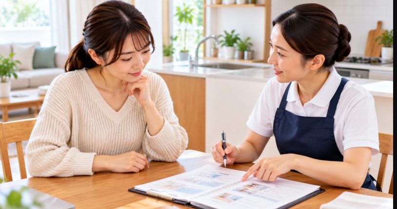 家事代行スタッフと利用者がテーブルで依頼内容や利用条件を相談する様子