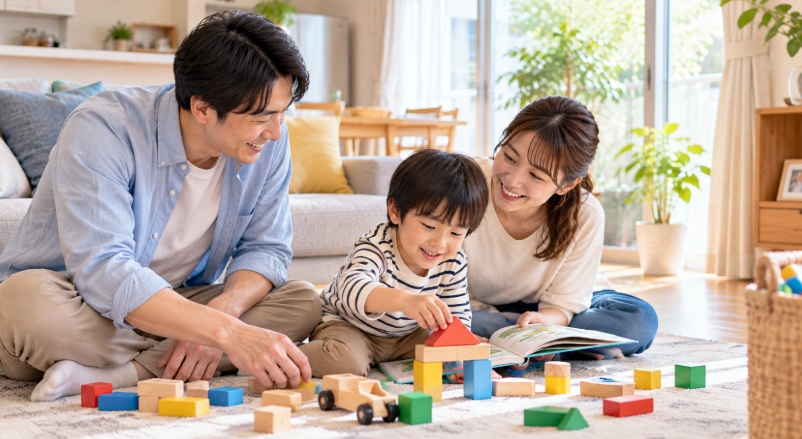 明るいリビングで子どもと積み木遊びを楽しむ家族のイメージ