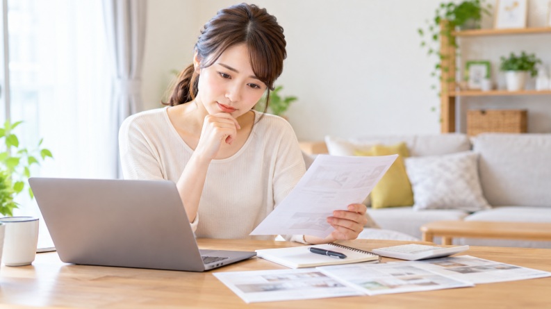 家事代行サービスの料金や作業内容を自宅で確認する女性のイメージ