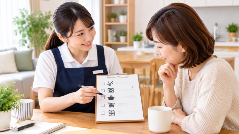 家事代行スタッフと利用者がチェックリストを見ながら作業内容を確認している様子