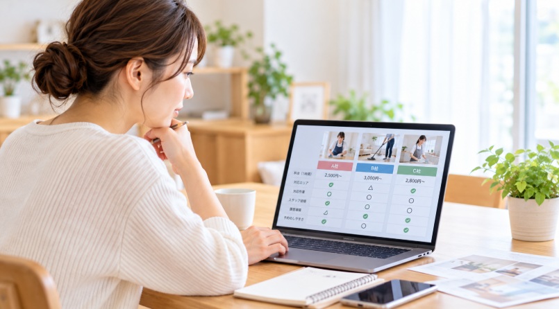 ノートパソコンで複数の家事代行サービスの料金や利用条件を比較する女性のイメージ
