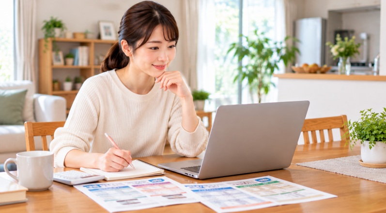 自宅のダイニングでパソコンと資料を使い家事代行の料金を比較する女性
