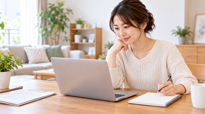 家事代行の初回利用に向けてパソコンとノートで予約条件を確認する女性