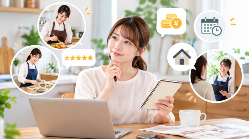 料理代行サービスの料金や利用条件を比較検討する女性のイメージ