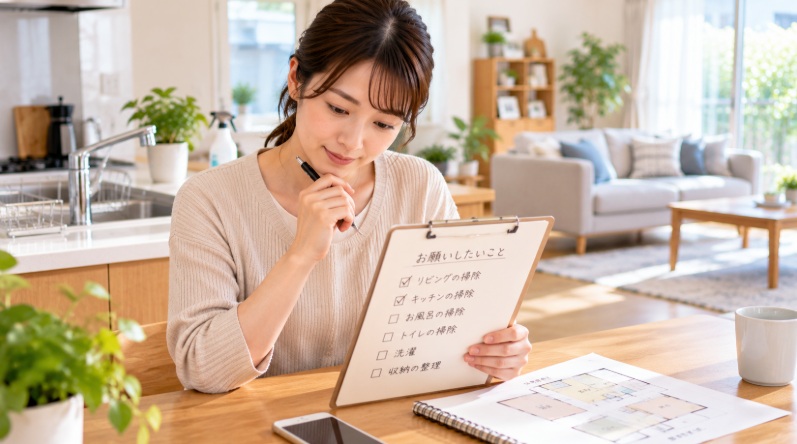 自宅で家事代行に依頼したい掃除内容をチェックリストで確認する女性のイメージ