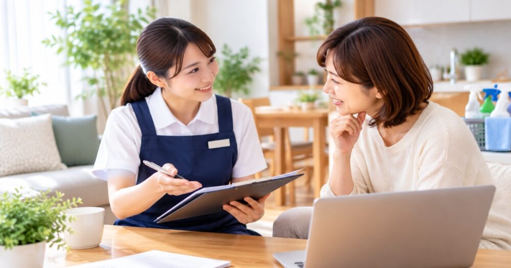家事代行スタッフと利用者がサービス内容や利用条件について相談している様子