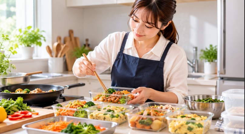家事代行スタッフが家庭のキッチンで調理した料理を保存容器に詰めている様子