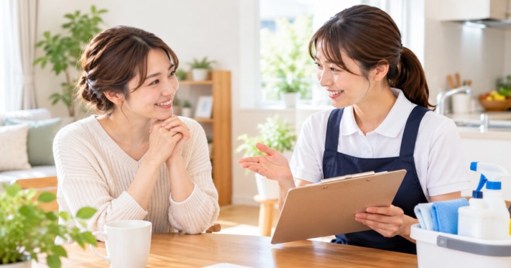 家事代行を初めて利用する女性がスタッフからサービス内容の説明を受けている様子