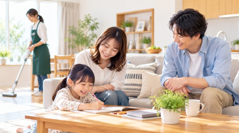家事代行スタッフが掃除をする間、リビングで子どもと過ごす家族