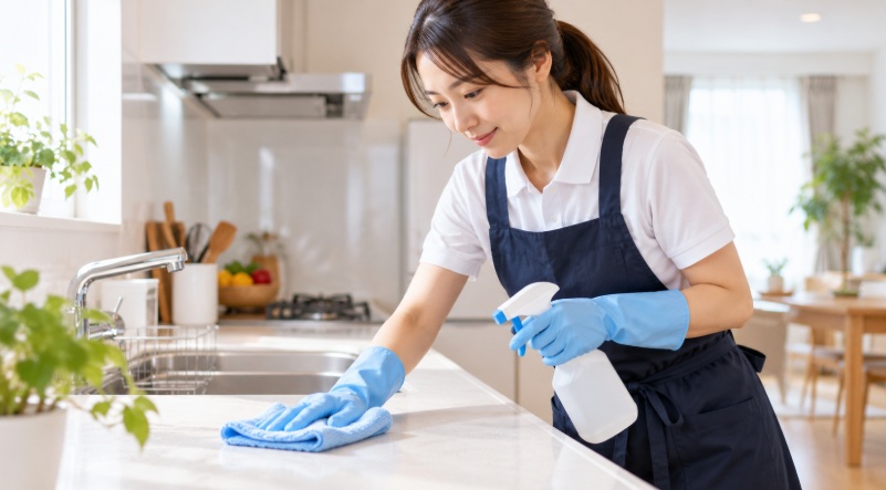家事代行スタッフがキッチンの作業台をクロスで拭き掃除している様子