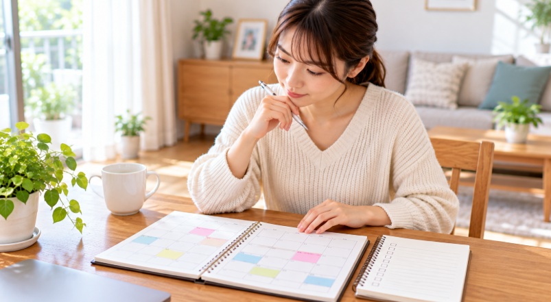 色分けされたカレンダーを見ながら家事代行の利用日を検討する女性