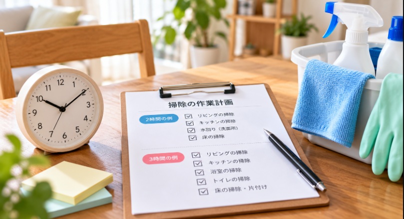 家事代行の2時間・3時間の掃除内容を計画するチェックリストと時計