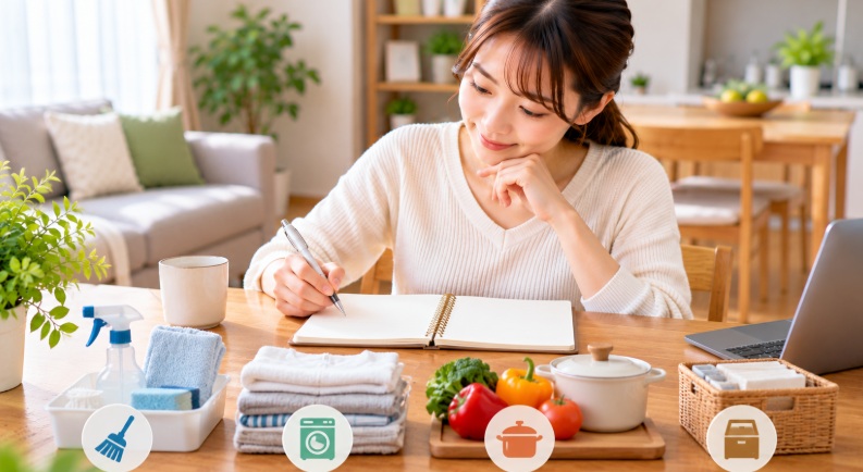家事代行を利用する前に、依頼したい掃除・洗濯・料理などをチェックリストで整理する女性

挿入位置