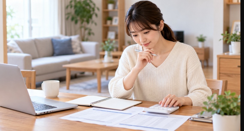 自宅で電卓を使い家事代行の月額費用を確認する女性