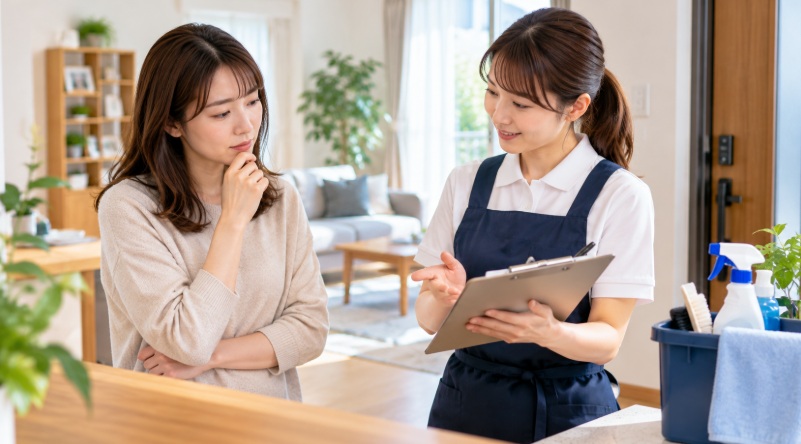 家事代行スタッフからサービス内容や注意点の説明を受ける女性のイメージ