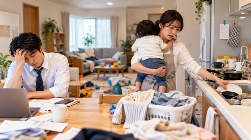 仕事と育児に追われ、掃除や洗濯などの家事がたまっている共働き家庭の様子