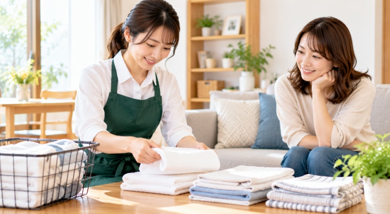 家事代行スタッフが洗濯物をたたみ、利用者が見守っている様子