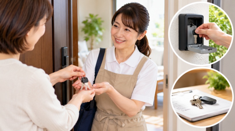 家事代行スタッフへの鍵の受け渡しと鍵の管理方法を示すイメージ